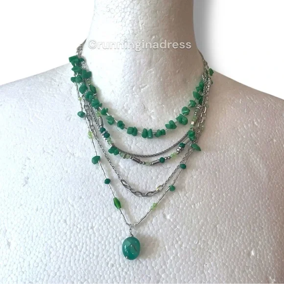NWT Free People Aurelia Layered Necklace In Jade Green & Silver - Picture 3 of 10